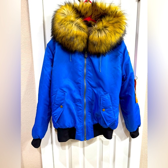 Blue Bomber Jacket with Faux Fur Trim